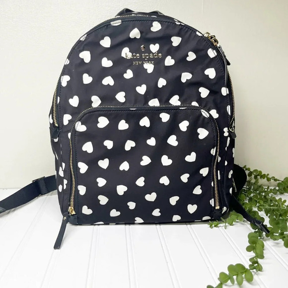 Kate Spade Black & White Heart Print Nylon Backpack Purse with Adjustable Straps - Picture 2 of 10